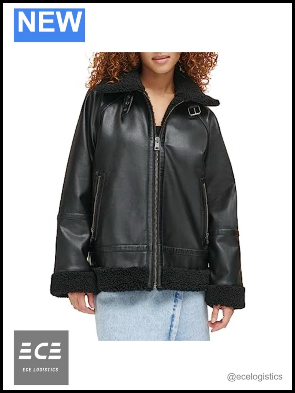 Faux Leather Relaxed Aviator Jacket Sherpa Lined Zip Pockets